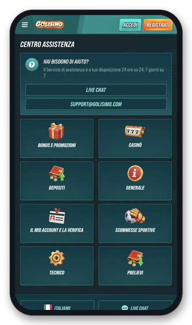 Centro assistenza Golisimo con live chat 24/7, e-mail support@golisimo.com e categorie di aiuto