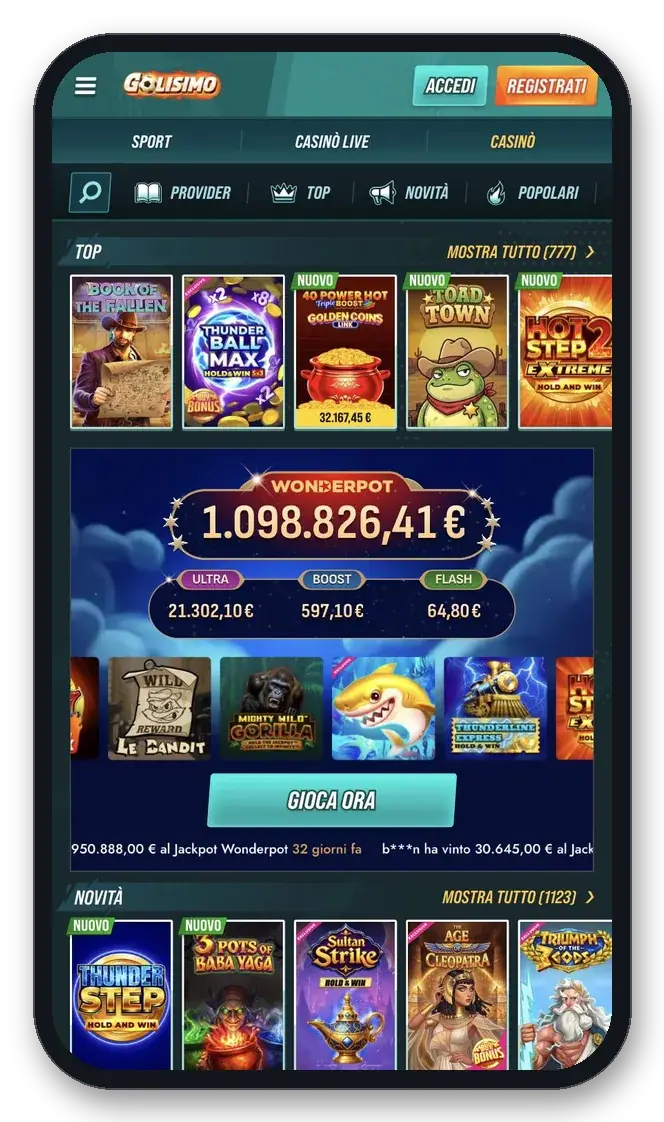 Lobby di Golisimo Casino da smartphone con le slot in evidenza e il jackpot Wonderpot